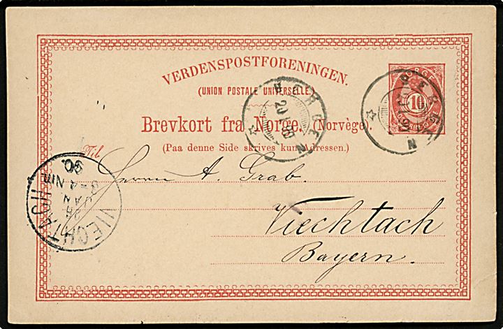 10 øre helsagsbrevkort fra Bergen d. 20.1.1890til Viechtach, Bayern.
