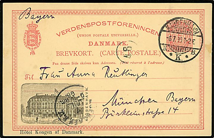 10 øre Våben helsagsbrevkort med tiltryk Hôtel Kongen af Danmark fra Kjøbenhavn d. 6.7.1896 til München, Tyskland. 