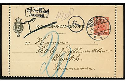 10 øre Chr. IX med delvis rand sendt underfrankeret fra Holbæk d. 5.11.1906 til Barth, Pommern, Tyskland. Sort T og rammestempel Utilstrækkelig frankeret, samt udtakseret i 20 pfg. tysk porto.