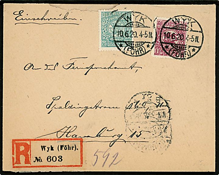 15 pfg. og 75 pfg. på anbefalet brev stemplet Wyk *(Föhr)* d. 10.6.1920 til Hamburg.