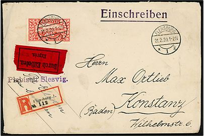 10 mk. Fælles udg. single på filatelistisk anbefalet ekspresbrev fra Flensburg d. 21.2.1920 til Konstanz. På bagsiden lukkeoblat Kaiserliches Postamt Flensburg stemplet Plebiscit Slesvig.