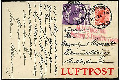 20 øre Chr. X og 15 øre Luftpost på luftpost brevkort med tidlig Luftpost-etiket fra Kjøbenhavn d. 11.7.1926 til Hammelburg, Tyskland. Rødt luftpost stempel Mit Luftpost befördert Postamt 2 Frankfurt (Main).