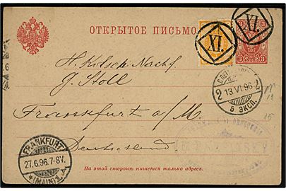 3 kop. helsagsbrevkort opfrankeret med 1 kop. Våben annulleret med nr.stempel XI. og sidestemplet S. Petersburg d. 13.6.1896 til Frankfurt, Tyskland.