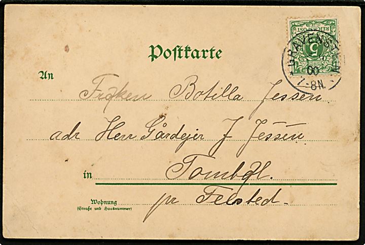 5 pfg. Ciffer på brevkort stemplet Gravenstein *a d. 3.9.1900 til Felsted. 