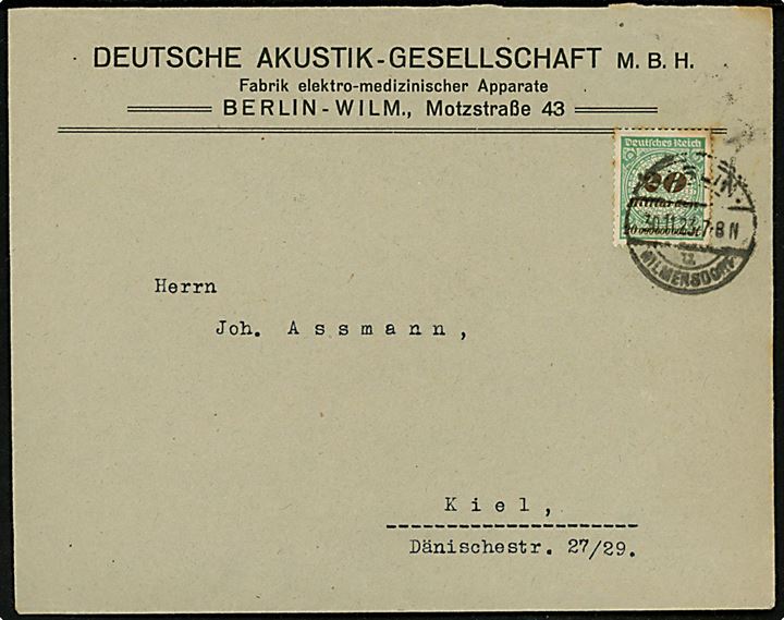 20 mia. mk. Infla udg. single på Vierfach frankeret brev fra Berlin d. 30.11.1923 til Kiel. Korrekt porto 80.000.000.000 mk. (26.-30.11.1923).