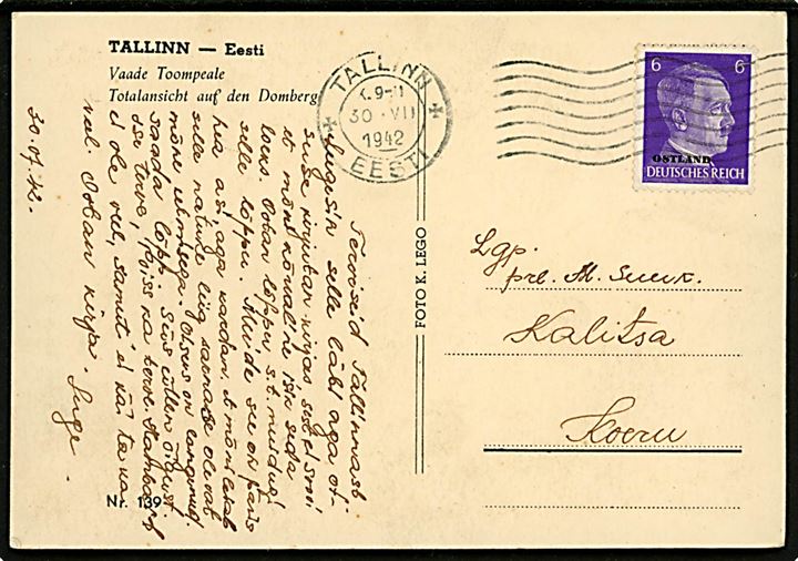 6 pfg. Hitler Ostland provisorium på brevkort fra Tallinn Eesti d. 30.7.1942 til Kalitsa pr. Koeru.