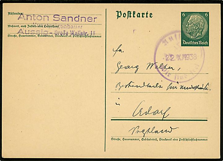 Sudetenland. 6 pfg. Hindenburg helsagsbrevkort annulleret med gummistempel Aussig wir sind Frei d. 22.10.1938 