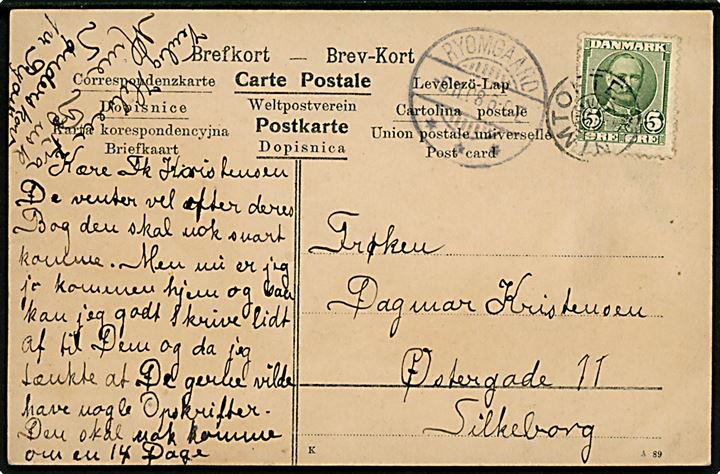 5 øre Fr. VIII på brevkort annulleret med stjernestempel NIMTOFTE og sidestemplet Ryomgaard d. 5.11.1908 til Silkeborg.