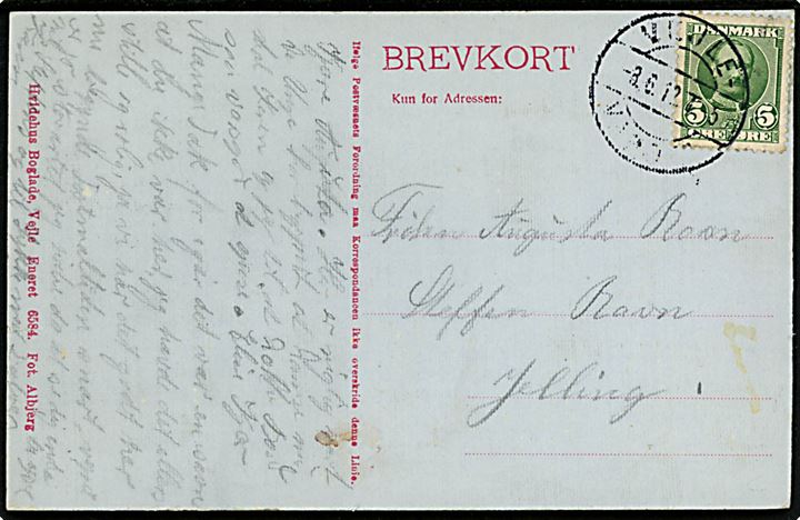5 øre Fr. VIII på brevkort annulleret med vanskeligt bureaustempel Vejle - Vandel T.5 d. 8.6.1912 til Jelling.