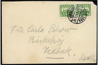 10 øre Genforening i parstykke på brev annulleret med bureaustempel Aabenraa - Røde Kro T.1387 d. 30.7.1921 til Vedbæk.