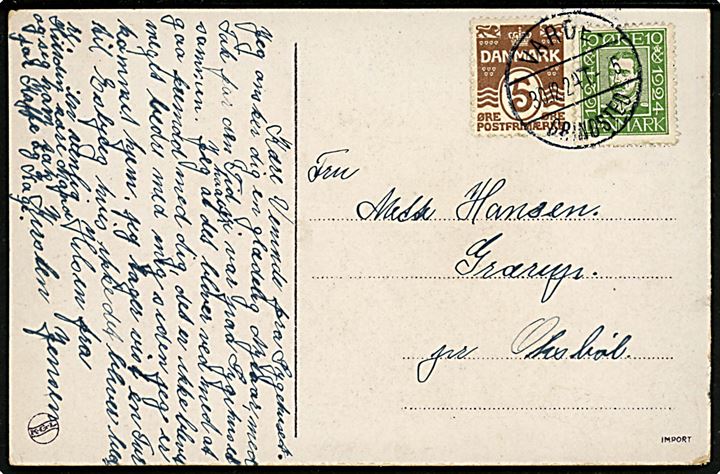 5 øre Bølgelinie og 10 øre Chr. X Postjubilæum på nytårskort annulleret med bureaustempel Varde - Grindsted T.5 d. 30.12.1924 til Oksbøl.