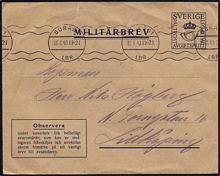 Feltpostkuvert fra Borås d. 15.3.1940 til Lidköping.
