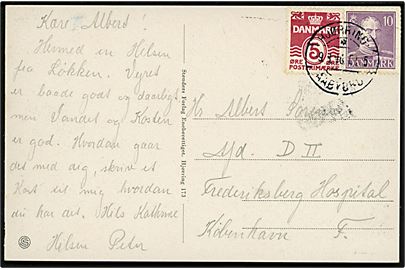 5 øre Bølgelinie og 10 øre Chr. X på brevkort (Strandparti fra Løkken) annulleret med bureaustempel Hjørring - * Aabybro T. 1?5 d. 9.8.1946 (årstal utydeligt) til København 