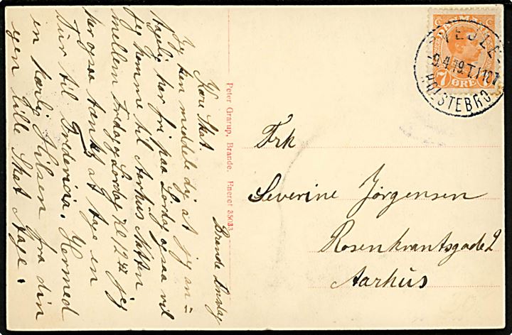 7 øre Chr. X på brevkort Brande Afholds- og Højskolehotel annulleret med bureaustempel Vejle - Holstebro T.1127 d. 9.4.1919 til Aarhus.