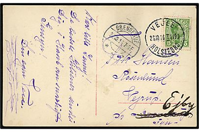 5 øre Chr. X på brevkort annulleret med bureaustempel Vejle - Holstebro T.1190 d. 26.10.1916 til Vejrup pr. Brænderup - ændret til pr. Ejby.