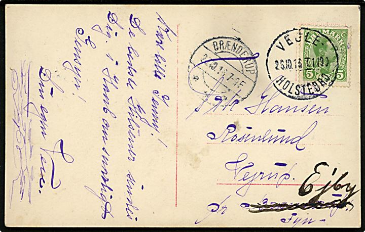 5 øre Chr. X på brevkort annulleret med bureaustempel Vejle - Holstebro T.1190 d. 26.10.1916 til Vejrup pr. Brænderup - ændret til pr. Ejby.
