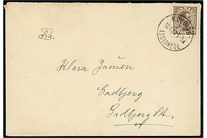 20 øre Chr. X på brev fra Sønder Omme annulleret med bureaustempel Kolding - Troldhede T.5 d. 12.4.1922 til Gadbjerg St.