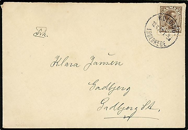 20 øre Chr. X på brev fra Sønder Omme annulleret med bureaustempel Kolding - Troldhede T.5 d. 12.4.1922 til Gadbjerg St.
