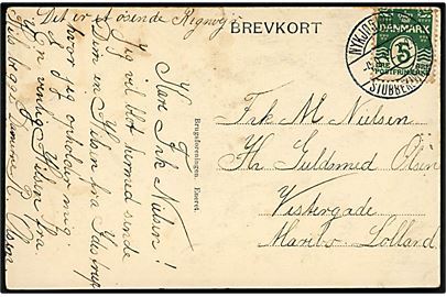 5 øre Bølgelinie på brevkort (Partier fra Idestrup) annulleret med bureaustempel Nykjøbing F. - Stubbekjøbing T.24 d. 4.9.1912 til Maribo.
