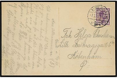 15 øre Chr. X på brevkort fra Varde annulleret med reserve bureaustempel (R8) Nørrejyll's JBPKT sn2 T.1028 d. 7.3.1921 til København. Reservestempel benyttet på strækningen Fredericia - Struer
