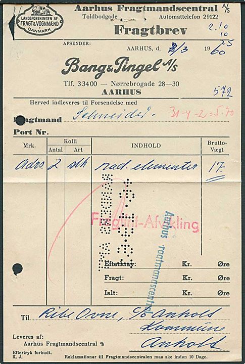 Fragtbrev fra Aarhus d. 8.3.1960 for forsendelse til Anholt. Arkiv huller.