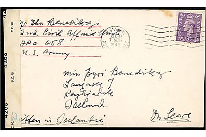 Britisk 3d George VI på American Red Cross kuvert sendt som amerikansk feltpost fra U. S. Army Postal Service APO 413 (= London) d. 7.3.1945 til Reykjavik, Island. Sendt fra islandsk menig i den amerikanske afdeling 2nd Civil Affairs Unit APO 658. Åbnet af britisk censur PC90/4268. Påskrevet: Written in Icelandic.
