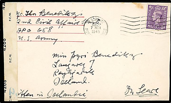 Britisk 3d George VI på American Red Cross kuvert sendt som amerikansk feltpost fra U. S. Army Postal Service APO 413 (= London) d. 7.3.1945 til Reykjavik, Island. Sendt fra islandsk menig i den amerikanske afdeling 2nd Civil Affairs Unit APO 658. Åbnet af britisk censur PC90/4268. Påskrevet: Written in Icelandic.