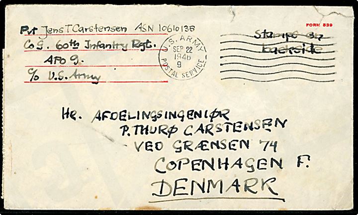 6 cents Transport (6) på bagsiden af American Red Cross kuvert sendt fra dansker i amerikansk tjeneste ved Co. G. 60th Infantry Regiment stemplet U. S. Army Postal Service APO 9 (= München, Tyskland) d. 22.9.1946 til København. Kuvert trykt på landkort.