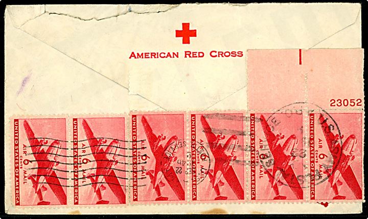 6 cents Transport (6) på bagsiden af American Red Cross kuvert sendt fra dansker i amerikansk tjeneste ved Co. G. 60th Infantry Regiment stemplet U. S. Army Postal Service APO 9 (= München, Tyskland) d. 22.9.1946 til København. Kuvert trykt på landkort.