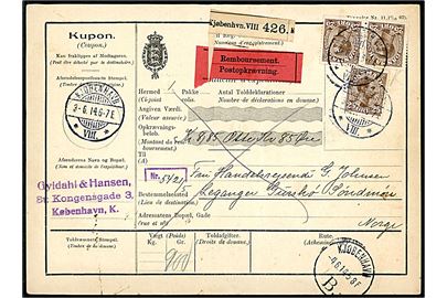 25 øre Chr. X (3) på 75 øre frankeret internationalt adressekort for pakke med postopkrævning fra Kjøbenhavn VIII d. 3.6.1914 til Gurskø, Sundmøre, Norge.