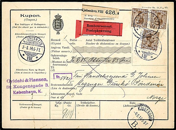 25 øre Chr. X (3) på 75 øre frankeret internationalt adressekort for pakke med postopkrævning fra Kjøbenhavn VIII d. 3.6.1914 til Gurskø, Sundmøre, Norge.