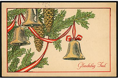 Julekort med Grand, Kogler og Juleklokker. ED. F. PH. serie 2598/3. Med 15 Chr. X, annulleret Stjernestempel GUDBJERG til København. Julemærke 1922 bundet til. 