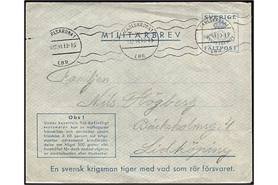 Feltpost militær brev fra Landskrona d. 9.12.1944 til Lidköping.