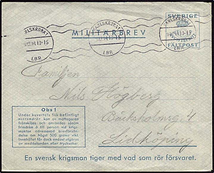 Feltpost militær brev fra Landskrona d. 9.12.1944 til Lidköping.