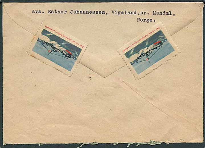 10 øre London-udg. i parstykke på brev fra Sør-Audnedal d. 14.1.1946 til København, Danmark. På bagsiden 2 Julemærker fra Den norske Sjømannsmisjon.