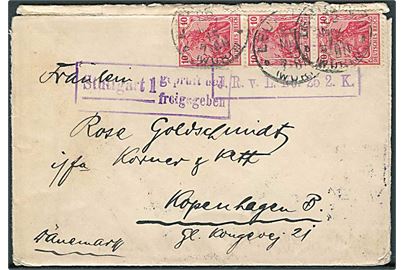 10 pfg. Germania (3) på brev fra Leut.... d. 25.3.1915 til København, Danmark. Violet militært afd.-stempel: J.R.v.L. No. 25 2. K. og censur fra Stuttgart.