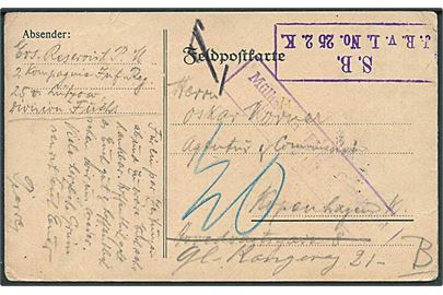 Ufrankeret tysk feltpostkort dateret d. 30.12.1916 med afd.stempel S.B. / J.R.v.L.No. 25 2. K. til København, Danmark. Udtakseret i 20 øre dansk porto.