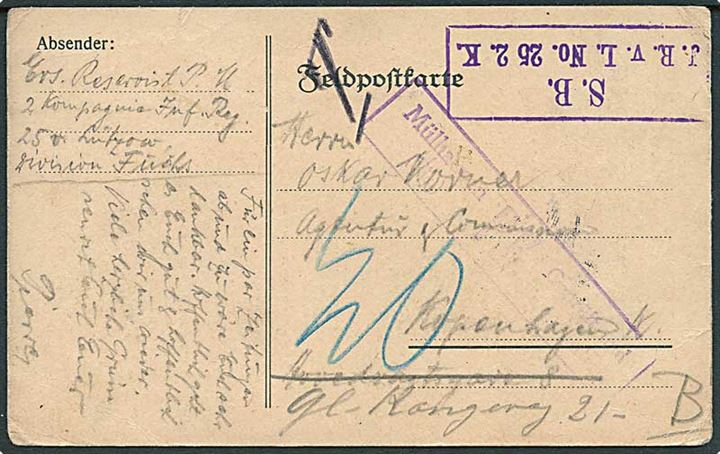Ufrankeret tysk feltpostkort dateret d. 30.12.1916 med afd.stempel S.B. / J.R.v.L.No. 25 2. K. til København, Danmark. Udtakseret i 20 øre dansk porto.