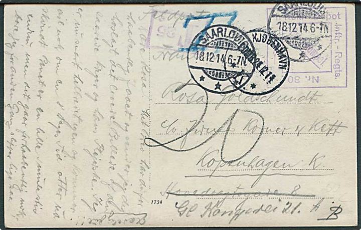 Ufrankeret feltpostkort fra Saarlouis d. 18.12.1914 til København, Danmark. Violet briefstempel. Violet portostempel T 25c og udtakseret i 20 øre dansk porto. Meddelelse skrevet på dansk.