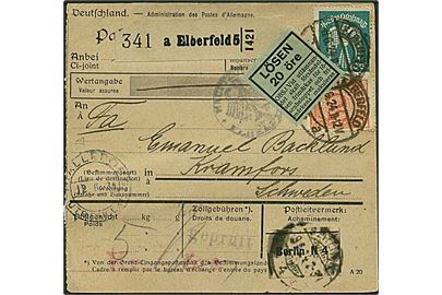 295 pfennig på adressekort Eberfeld d. 6.6.1924 til Kramfors. Svensk Lösen på 20 øre.