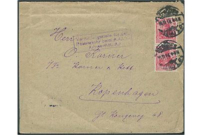 10 pfg. Germania i par på brev stemplet Strassburg d. 16.11.1916 til København, Danmark. Rammestempel: Vermittlungstelle für den Postwerkehr beim A.O.K. Armee Abt. A.X.