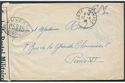 Ufrankeret flådepost brev stemplet Poste Naval d. 17.4.1940 til Paris. Blåt flåde stempel og åbnet af censur DA210