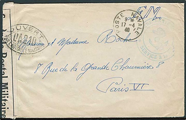 Ufrankeret flådepost brev stemplet Poste Naval d. 17.4.1940 til Paris. Blåt flåde stempel og åbnet af censur DA210