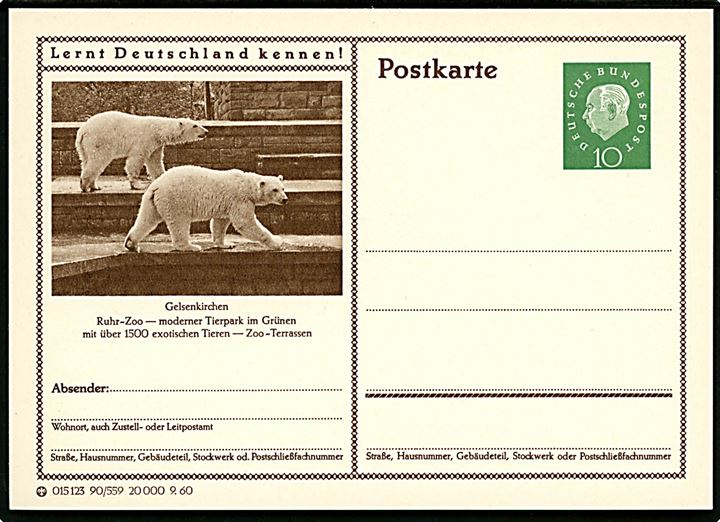 Isbjørne i Gelsenkirchen zoo. 10 pfg. Heuss illustreret helsagsbrevkort Lernt Deutschland kennen!. 