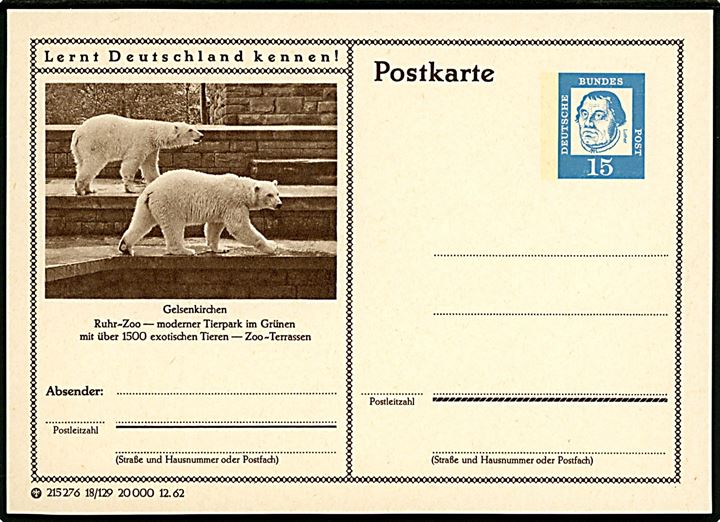 Isbjørne i Gelsenkirchen zoo. 15 pfg. Luther illustreret helsagsbrevkort Lernt Deutschland kennen!. 
