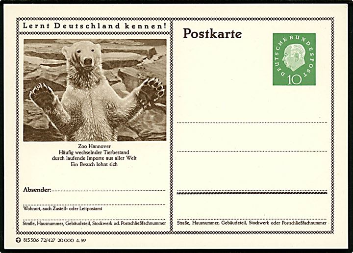 Isbjørn i Hannover zoo. 10 pfg. Heuss illustreret helsagsbrevkort Lernt Deutschland kennen!. 