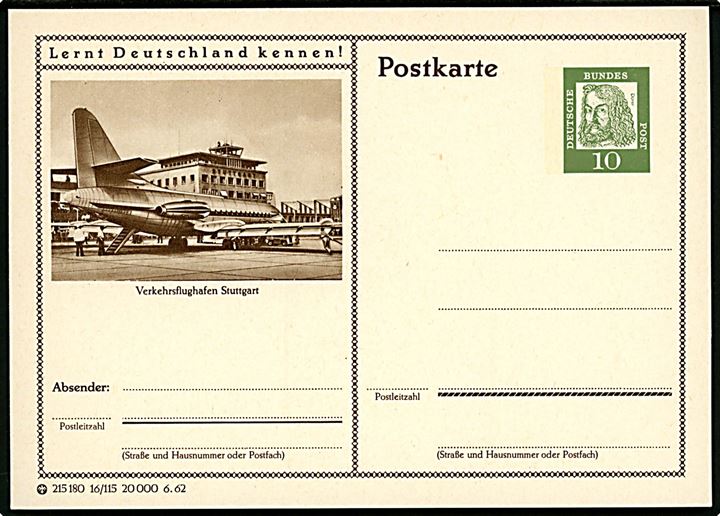 Stuttgart lufthavn med passagermaskine. 10 pfg. Dürer illustreret helsagsbrevkort Lernt Deutschland kennen!.