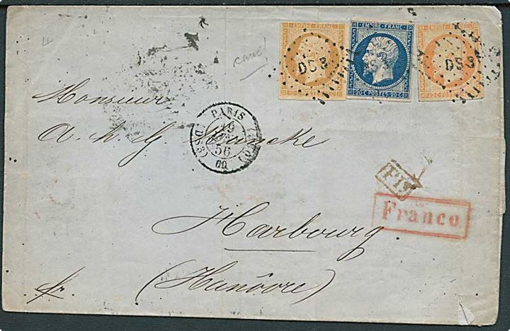 10 c., 20 c. og 40 c. Napoleon utakket på 70 c. frankeret brev annulleret med nr.stempel DS3 og sidestemplet Paris d. 19.1.1853 til Harburg. På bagsiden rødt grænsestempel: Aus Frankreich Par Aachen.