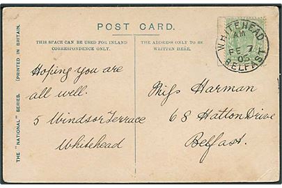 ½d Edward VII på brevkort annulleret Whitehead Belfast d. 7.2.1905 til Belfast.