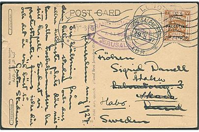 7 E.E.F. med overtryk Palestine på brevkort fra Jerusalem d. 15.5.1927 til Lund, Sverige - eftersendt.